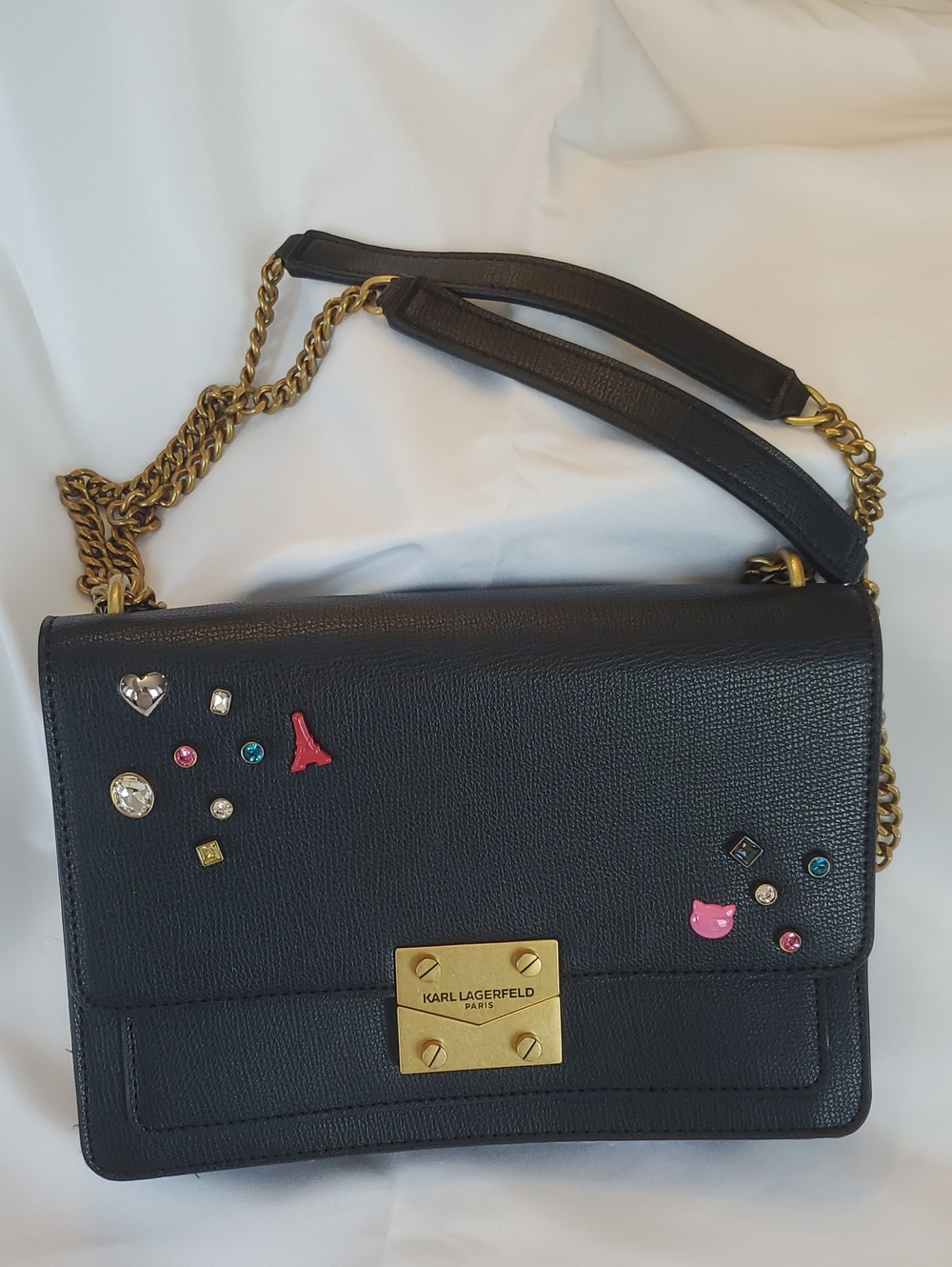 Karl Lagerfeld Black Leather Shoulder Bag Purse with Enamel and Crystal Charms